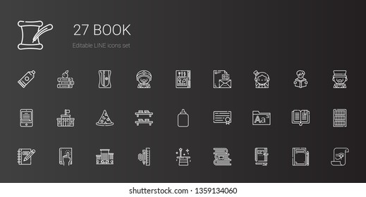 book icons set. Collection of book with notebook, books, magician, stationary, office, fonts, diploma, glue, bookshelf, wizard, school, ereader. Editable and scalable book icons.