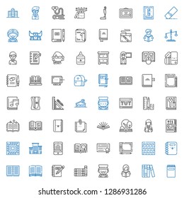 book icons set. Collection of book with notepad, books, reading, magician, notebook, pattern, graphic tablet, diploma, open book, ereader, office. Editable and scalable icons.
