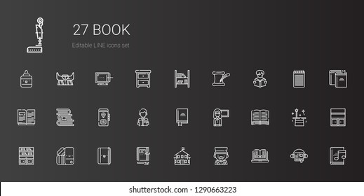 book icons set. Collection of book with open book, magician, kindergarten, notebook, pantone, bookshelf, guide, reading, books, literature, audiobook. Editable and scalable icons.