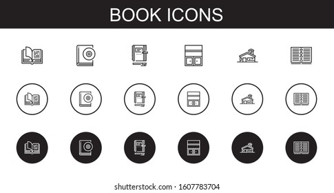 book icons set. Collection of book with open book, audiobook, notebook, bookshelf, school. Editable and scalable icons.