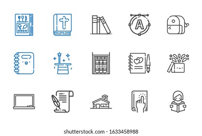 book icons set. Collection of book with reading, school, literature, blackboard, magic, guests book, bookshelf, magician, notebook, sharpener. Editable and scalable icons.