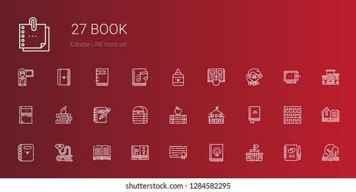 book icons set. Collection of book with school, diploma, science book, bookworm, notebook, kindergarten, books, eraser, sketchbook, teacher. Editable and scalable book icons.