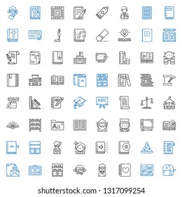 book icons set. Collection of book with sharpener, open book, diary, student, audiobook, bookshelf, diploma, stationary, notebook, wizard, magician. Editable and scalable icons.