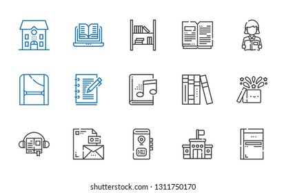 book icons set. Collection of book with sketchbook, school, stationary, audiobook, magic, books, notebook, toga, reading, open book, bookshelf. Editable and scalable icons.