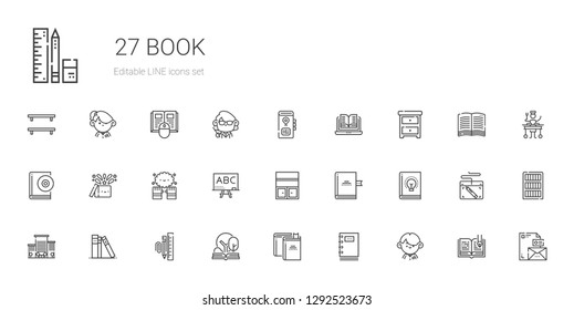 book icons set. Collection of book with student, notebook, books, open book, stationary, library, office, bookshelf, blackboard, magic, audiobook. Editable and scalable icons.