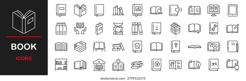 Book icons set. Contains such icons as open book, simple book symbol, library, electronic book, pages, bookmark, literature, dictionary, audiobook, information reference, textbook and more