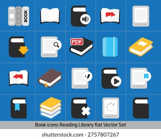 Book Icons Set, Ebook, PDF, Reading, Library and Digital Document Flat Vector Collection