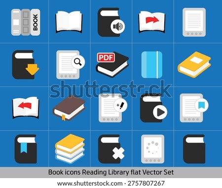 Book Icons Set, Ebook, PDF, Reading, Library and Digital Document Flat Vector Collection