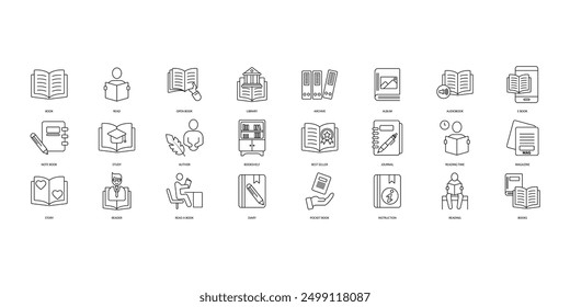 Conjunto de iconos de libro. Conjunto de iconos de trazo editables. Conjunto de libro