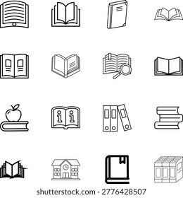 book icons set education learning knowledge, book, apple, building, magnifying glass 02