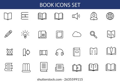 Book Icons Set – Education, Library, Reading, And Study, Vector Symbols.