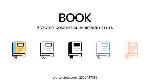 Conjunto de iconos de libro cinco diferentes estilos de Vector ilustración de stock