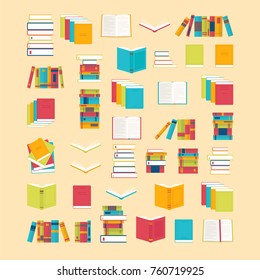 Book icons set in flat style for your design. School books background. Library, bookstore. Education concept. Vector illustration