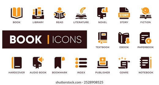 Conjunto de iconos de libro.  Incluye íconos para libro, Biblioteca, lectura, literatura, novela, cuento, ficción, libro de texto, libro electrónico, etc. Perfecto para Sitios web educativos, literarios y editoriales.