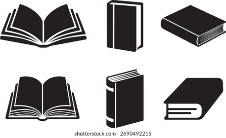 Book Icons Set | Open, Closed, and Stacked Reading Symbols Vector Illustration.