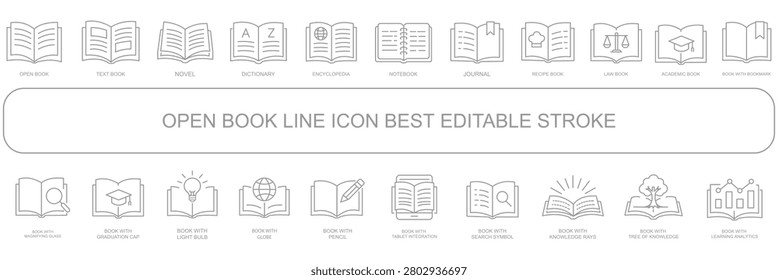 Book icons set. open book icon pictogram set. graphic projects. Open book icon set vector, line and outline book symbols collection, reading, education and library icons, minimal thin stroke design.