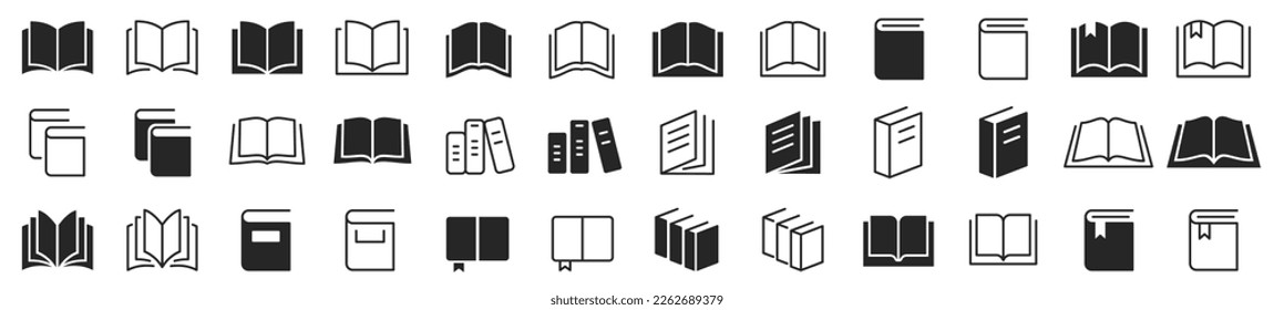 Juego de iconos de libro. Serie de iconos de libros simples. Abrir conjunto de iconos de libro. Señales y símbolos educativos. Ilustración vectorial.