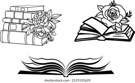 Book icons set in thin line style,ideal for school logos, library graphics, and learning platforms isolated on white background, Minimalist open book vector illustration