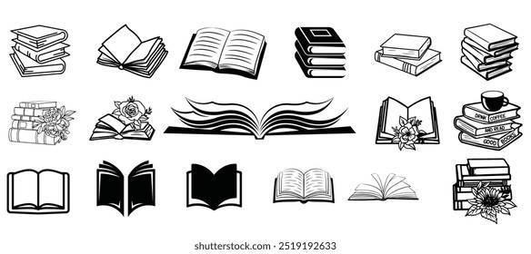 Ícones de livro definidos no estilo de linha fina, ideal para logotipos de escola, gráficos de biblioteca e plataformas de aprendizagem isoladas no fundo branco, ilustração de vetor de livro aberto minimalista