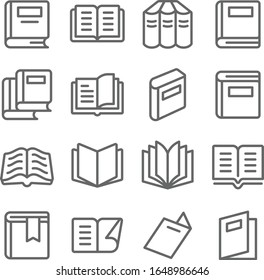 Book icons set vector illustration. Contains such icon as Open book, Bookmark, Magazine, Novel and more. Expanded Stroke