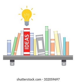 Book of ideas standing on the shelf with shining lightbulb over it. Flat style vector illustration isolated on white background.