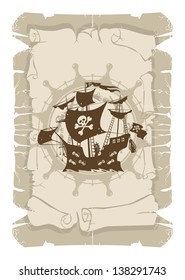 Book illustration. Cartoon pirate ship, vector