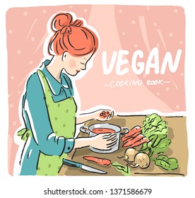 Book illustration with cooking girl woman vegan vegetarian