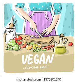 Book illustration with cooking girl woman vegan vegetarian