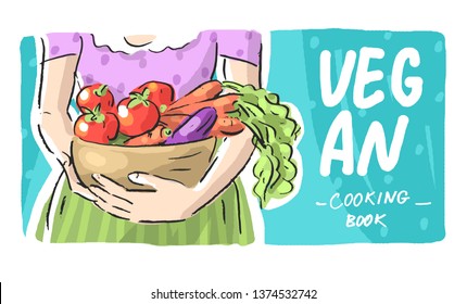 Book illustration with cooking girl woman vegan vegetarian