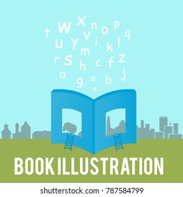 book illustration with ladder and building flat design