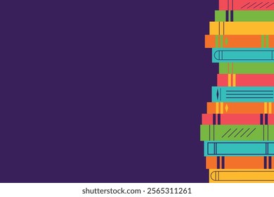 Book illustration on a purple background. Literary education in flat style with copy space. Concepts for web banner, background, wallpaper, advertising. Vector illustration.	