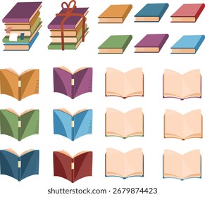 Conjunto de ilustrações de livros de várias poses, como livros empilhados e abertos