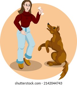 Book illustration, a slender girl communicates with a dog. childish kind picture, vector. Picture for dogsitter, dog trainer. 