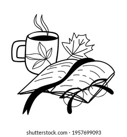 Book illustration in the style of doodles. Vector autumn cute clipart. Hand-drawn template for greeting cards, banners, and T-shirt designs. All elements are isolated.