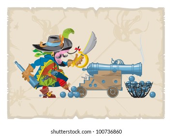 Book illustrations, 10. Pirate ship with cannon and telescope, vector