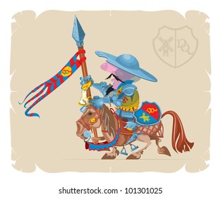 Book illustrations, 13. Don Quixote on his horse. Comic version, vector