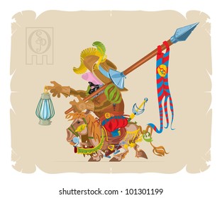 Book illustrations, 14. Sancho Panza on a donkey. Comic version, vector