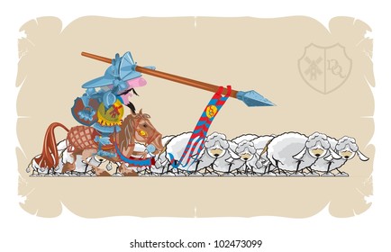Book illustrations, 38. Don Quixote and sheep, vector