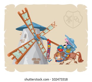 Book Illustrations, 39. Don Quixote And The Windmill, Vector