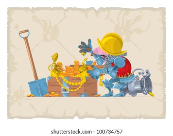 Book illustrations, 4. Spanish colonist and gold in the chest, vector