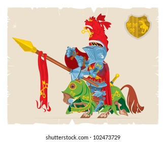 Book illustrations, 41. Mounted knight with the dragon on the arms, vector