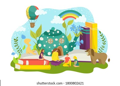 Book imagination, cartoon fairy tale vector illustration. Open magic story, fantasy dream concept with family characters,  concept design. Happy mom reading creative fairy tale book to children, flat design