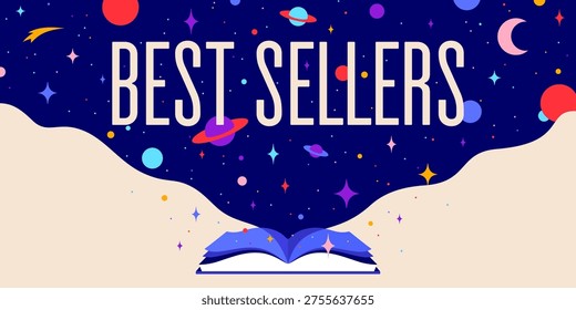 Book, Imagination, Dreams. Text Best Seller. Cosmos book, space imagination. Open book storybook for children. Imagination magic world. Open library fantasy dream and storytelling. Vector Illustration