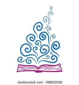 Book, imagination, knowledge. Vector hand drawn illustration. Icon on transparent background.