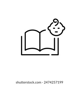 Book and infant baby face. Pregnancy, parenting or nursery reading literature. Pixel perfect vector icon