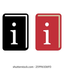 A book information icon in three different styles: solid black, and solid red. The design features a book shape with a lowercase "i" symbol, representing information, knowledge, or help guide