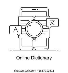 Libro dentro del smartphone bajo la lupa, icono del diccionario en línea
