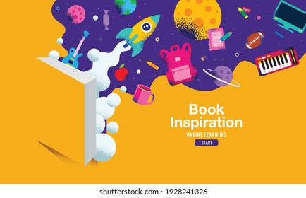 Book inspiration, Back to school, Online Learning, child, kids, social distancing, flat design, vector illustration.