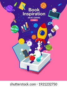 Book Inspiration, Back to school, Planet science, learning from home, vector illustration.