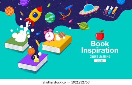 Book Inspiration, Back To School, Planet Science, Learning From Home, Vector Illustration.